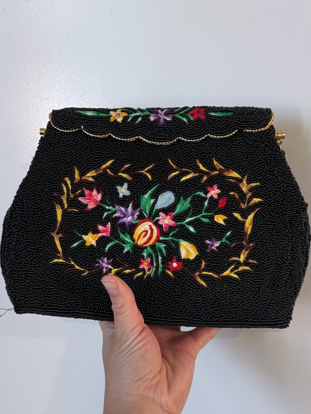 Black Beaded Floral Evening Bag with Multicolor Embroidery